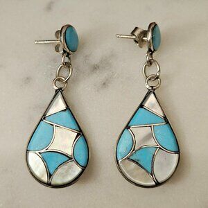 Native American Large Sterling Silver Turquoise & MOP Inlay Earrings Signed DL